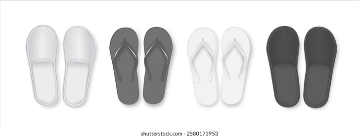 Realistic 3d White and Black Blank Empty Flip Flop Closeup Isolated on White Background. Design Template of Summer Beach Flip Flops Pair Mockup. Vector