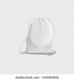 Realistic 3d white blank bag and backpack with drawstring on a transparent background. Realistic 3d vector illustration of backpack with drawstring.