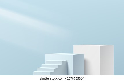 Realistic 3D white and blue cube stand podium set with stair and lighting. Vector abstract studio room with geometric platform design. Pastel minimal scene for products showcase, Promotion display.