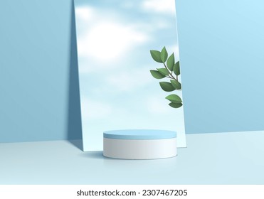 Realistic 3D white and blue cylinder pedestal podium background with cloud, sky and sun in mirror glass leaning on wall. Outdoor minimal scene mockup product stage showcase, Cosmetic promotion display