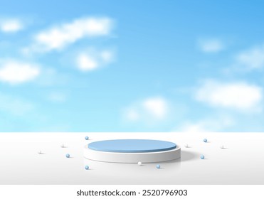 Realistic 3D white, blue cylindrical podium background with cloud and blue sky wall scene. Minimalist mockup pedestal or abstract product display presentation, Stage showcase. Platforms vector design.
