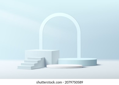 Realistic 3D white and blue geometric pedestal podium set with stair and lighting. Pastel blue minimal scene for products showcase, Promotion display. Vector abstract studio room platform design. 