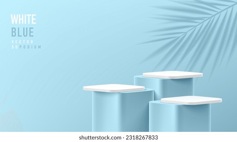 Realistic 3D white and blue round corner cube pedestal or stand podium set, Palm leaf. Vector abstract geometric platform. Wall minimal scene cosmetic product stage showcase, Banner promotion display.