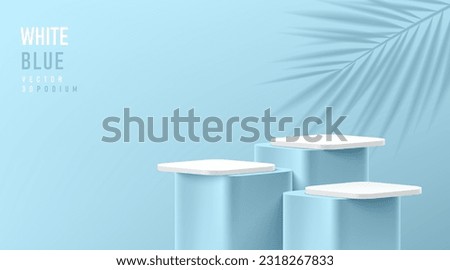 Realistic 3D white and blue round corner cube pedestal or stand podium set, Palm leaf. Vector abstract geometric platform. Wall minimal scene cosmetic product stage showcase, Banner promotion display.