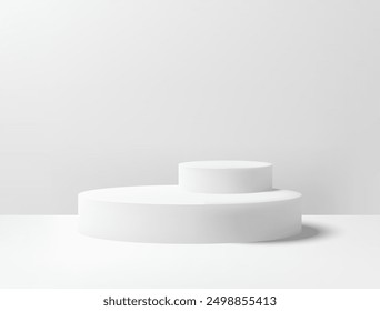 Realistic 3D white circle platform podium or pedestal on gray background with shadow. Empty space for product display presentation. Minimalistic mockup with copy space . Stage showcase vector design.