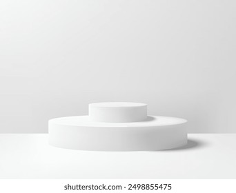 Realistic 3D white circle platform podium or pedestal on gray background with shadow. Empty space for product display presentation. Minimalistic mockup with copy space . Stage showcase vector design.