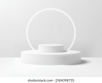 Realistic 3D white circle platform podium or pedestal on gray background with shadow. Empty space for product display presentation. Minimalistic mockup with copy space . Stage showcase vector design.