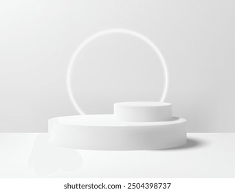 Realistic 3D white circle platform podium or pedestal on gray background with shadow. Empty space for product display presentation. Minimalistic mockup with copy space . Stage showcase vector design.