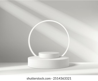 Realistic 3D white circle platform podium or pedestal on gray background with shadow. Empty space for product display presentation. Minimalistic mockup with copy space . Stage showcase vector design.