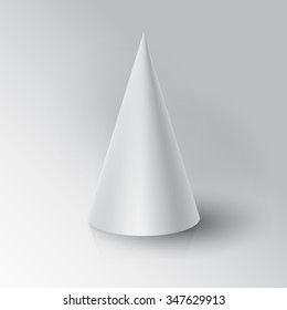 Realistic 3D White Cone. Cone on white background with reflection. 
Design Template for Mock Up. Vector illustration