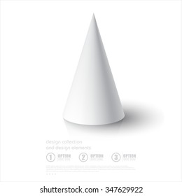 Realistic 3D White Cone. Cone On White Background With Reflection. 
Design Template For Mock Up. Vector Illustration