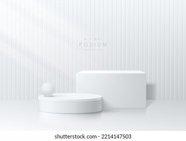 Realistic 3D white cube and cylinder pedestal podium with vertical pattern clean wall background. Vector abstract geometric forms. Silver minimal scene mockup products showcase, Promotion display.