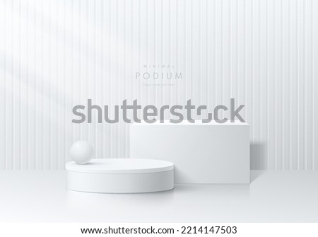 Realistic 3D white cube and cylinder pedestal podium with vertical pattern clean wall background. Vector abstract geometric forms. Silver minimal scene mockup products showcase, Promotion display.