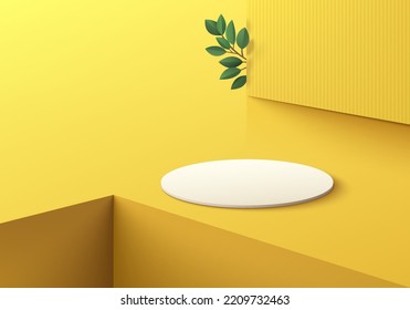 Realistic 3D white cylinder pedestal podium on yellow background and groove corner. Abstract minimal scene for product display presentation. Vector geometric rendering forms design. Stage showcase.