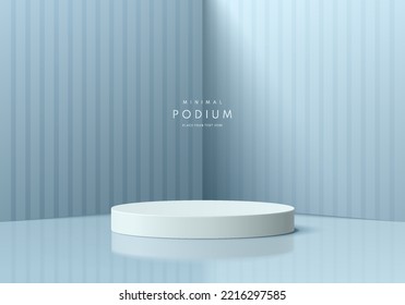 Realistic 3D white cylinder pedestal podium with soft blue corner room background. Vector abstract geometric forms design, Minimal wall scene mockup product display, Pastel round stage for showcase.