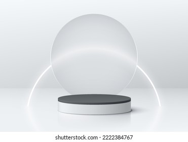 Realistic 3D white cylinder pedestal podium with curve neon light line background. Vector abstract silver geometric forms. Futuristic minimal scene mockup products stage showcase, Promotion display.