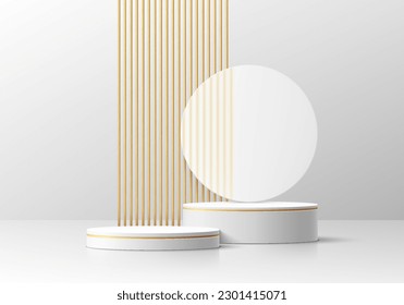 Realistic 3D white cylinder pedestal podium background with luxury golden lines scene. Wall minimal scene mockup products stage showcase, Cosmetic banner promotion display. 3D abstract empty platforms