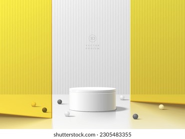 Realistic 3D white cylinder pedestal podium background with yellow glass partitions. Wall minimal scene mockup product stage showcase, Cosmetic banner promotion display. 3D abstract vector platforms.