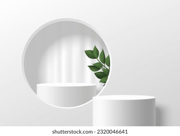 Realistic 3D white cylinder pedestal podium background with podium in circle window and green leaf. Wall minimal scene mockup product stage showcase, Cosmetic promotion display. 3D abstract platforms.