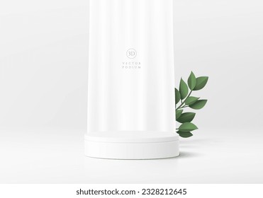 Realistic 3D white cylinder pedestal podium background with green leaf and soft white curtain wall scene. Minimal mockup product stage showcase, Cosmetic banner display. Abstract geometric platforms.