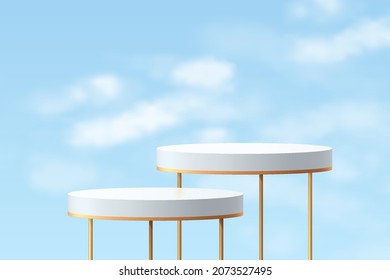 Realistic 3D white cylinder podium set with golden easel. Blue sky minimal scene for products showcase, Promotion display. Vector abstract studio room with geometric platform design. Vector  EPS10