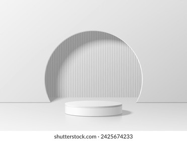 Fondo de pedestal de podio de cilindro blanco 3D realista con fondo de puerta de círculo. Escaparate de la escena mínima de la pared o del escenario de los productos de la maqueta, exhibición cosmética de la promoción del banner. Plataformas vacías abstractas 3D.