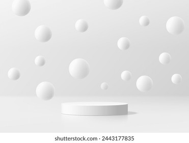 Realistic 3D white cylinder podium background with bounce ball or floating bubble. Wall minimal scene or mockup products stage showcase, Cosmetic banner promotion display. 3D abstract empty platforms.