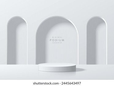 Realistic 3D white cylinder podium background placed in front of three arch door and vertical pattern. Minimal mockup or abstract product display presentation, Stage showcase. Platforms vector design.