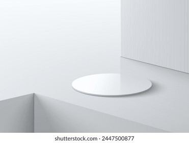 Realistic 3D white cylinder podium background on empty white floor and groove corner. Minimal scene, mockup abstract product display presentation, Stage showcase. Platforms vector geometric design.