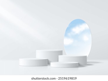 Realistic 3D white cylinder podium set background with blue sky in round mirror glass scene. Minimalist mockup pedestal, Abstract product display presentation, Stage showcase. Platforms vector design.