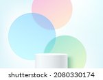 Realistic 3D white cylinder stand podium with colorful circle glass overlap backdrop. Vector abstract studio room with geometric platform. Pastel minimal scene for products showcase, Promotion display