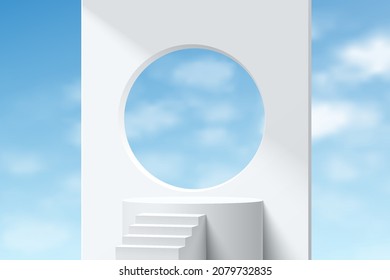 Realistic 3D white cylinder stand podium with stair and blue sky background. Vector abstract studio room with geometric platform design. Minimal wall scene for products showcase, Promotion display.