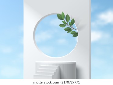 Realistic 3D white cylinder stand podium with stair, blue sky and green leaf background. Vector abstract room with geometric forms design. Minimal wall scene for products display. Stage for showcase.