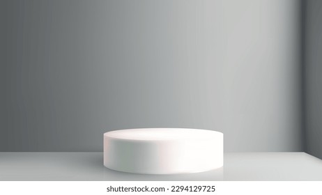 Realistic 3d white cylindrical podium for cosmetic product presentation. Platform vector geometric design.