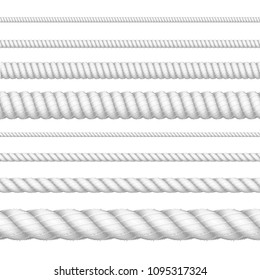 Realistic 3d White Detailed Thickness Rope Line Set Element of Border of Frame. Vector illustration of Strong Ropes or Cords