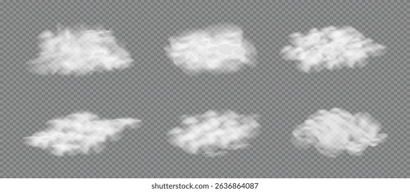 Realistic 3D White fluffy Cloud set. Soft cloudy smoky fog. Grey Steam