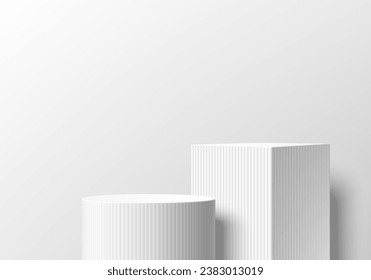 Realistic 3D white geometric pedestal podium background in vertical pattern texture. Abstract minimal mockup or product display presentation, Stage showcase. Platforms vector geometric design.