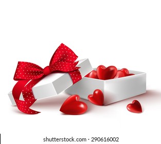 Realistic 3D White Gift Box with Balloon Hearts Inside Wrap in Red Ribbon for Romantic Valentines Day and Offerings. Isolated Vector Illustration