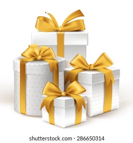 Realistic 3D White Gifts with Colorful Gold Ribbons Wrap with Dotted Pattern for Birthday or Christmas Celebration in White Background. Editable Vector Illustration.