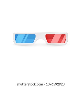 Realistic 3d white glasses front view. Paper cinema glasses with red and blue glass. Vector illustration