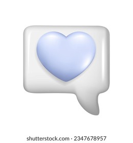 Realistic 3d white glossy speech bubble with blue heart. Cartoon 3d message box symbol, chatting box, chat dialogue icon with love concept. Vector illustration isolated on white background