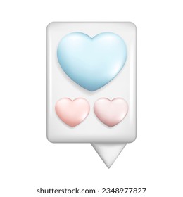 Realistic 3d white glossy speech bubble with colorful hearts. Cartoon 3d message box symbol, chatting box, chat dialogue icon with love concept. Vector illustration isolated on white background