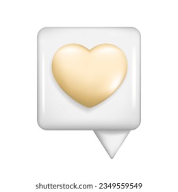 Realistic 3d white glossy speech bubble with golden heart. Cartoon 3d message box symbol, chatting box, chat dialogue icon with love concept. Vector illustration isolated on white background