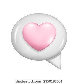 Realistic 3d white glossy speech bubble with pink heart. Cartoon 3d message box symbol, chatting box, chat dialogue icon with love concept. Vector illustration isolated on white background