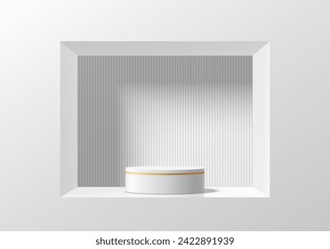 Realistic 3D white and gold cylinder podium pedestal in square window  background. Wall minimal scene mockup products stage showcase, Cosmetic banner promotion display. 3D abstract empty platforms.