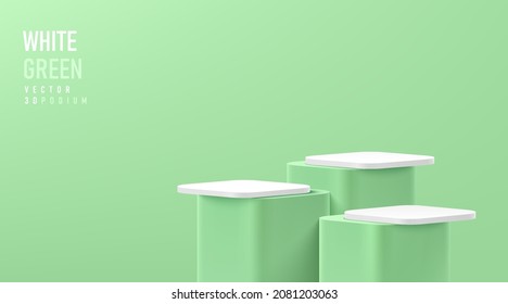 Realistic 3D white and green round corner cube pedestal or stand podium. Vector abstract studio room geometric platform design. Minimal wall scene for cosmetic Products showcase, Promotion display.