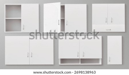 realistic 3d white kitchen cabinet furniture set isolated on transparent background. Wall mounted storage closet units with shelves, closed and open doors, metal handles for interior design mockups.