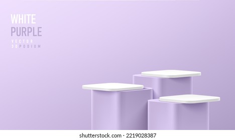 Realistic 3D white, Lavender purple round corner cube pedestal or stand podium set. Vector abstract studio room geometric platform design. Minimal scene cosmetic Products showcase, Promotion display.