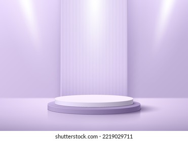 Realistic 3D white, lavender purple cylinder pedestal podium with spotlight and vertical pattern background. Abstract minimal scene mockup products display. Stage for showcase. Vector geometric forms.