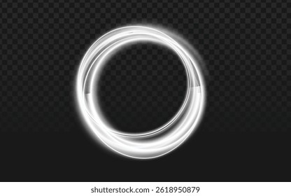 Realistic 3D white light circle frame vector with glowing border on dark background. Perfect for magic themes, tech interfaces, and cosmic designs. Ethereal circular glow effect.